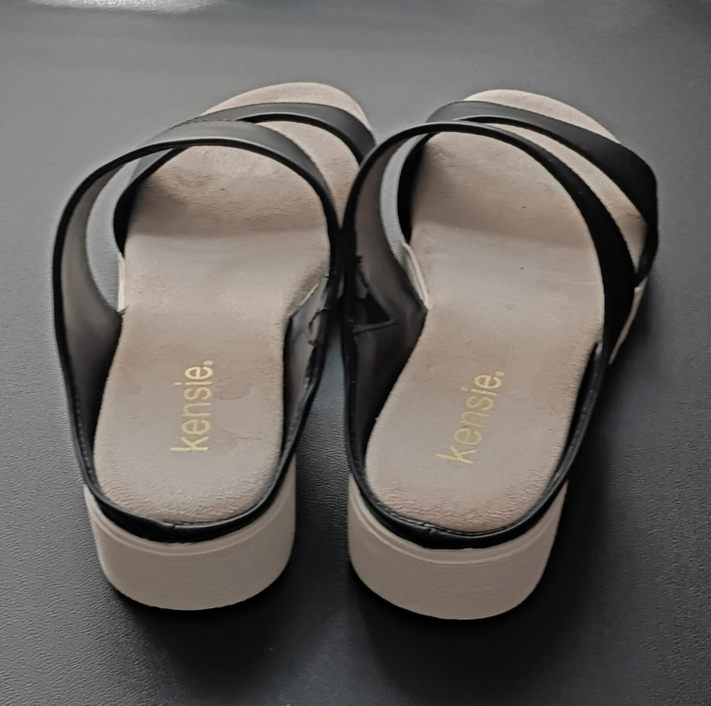 Kensie Women's Black/Beige Leather Strappy Slide Slip-On Wedge Sandals Size 8